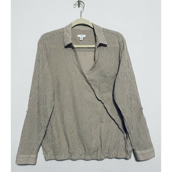 J Jill Top Womens Medium Brown Striped Faux Wrap V Neck Roll Tab Sleeves Boho - Picture 2 of 10